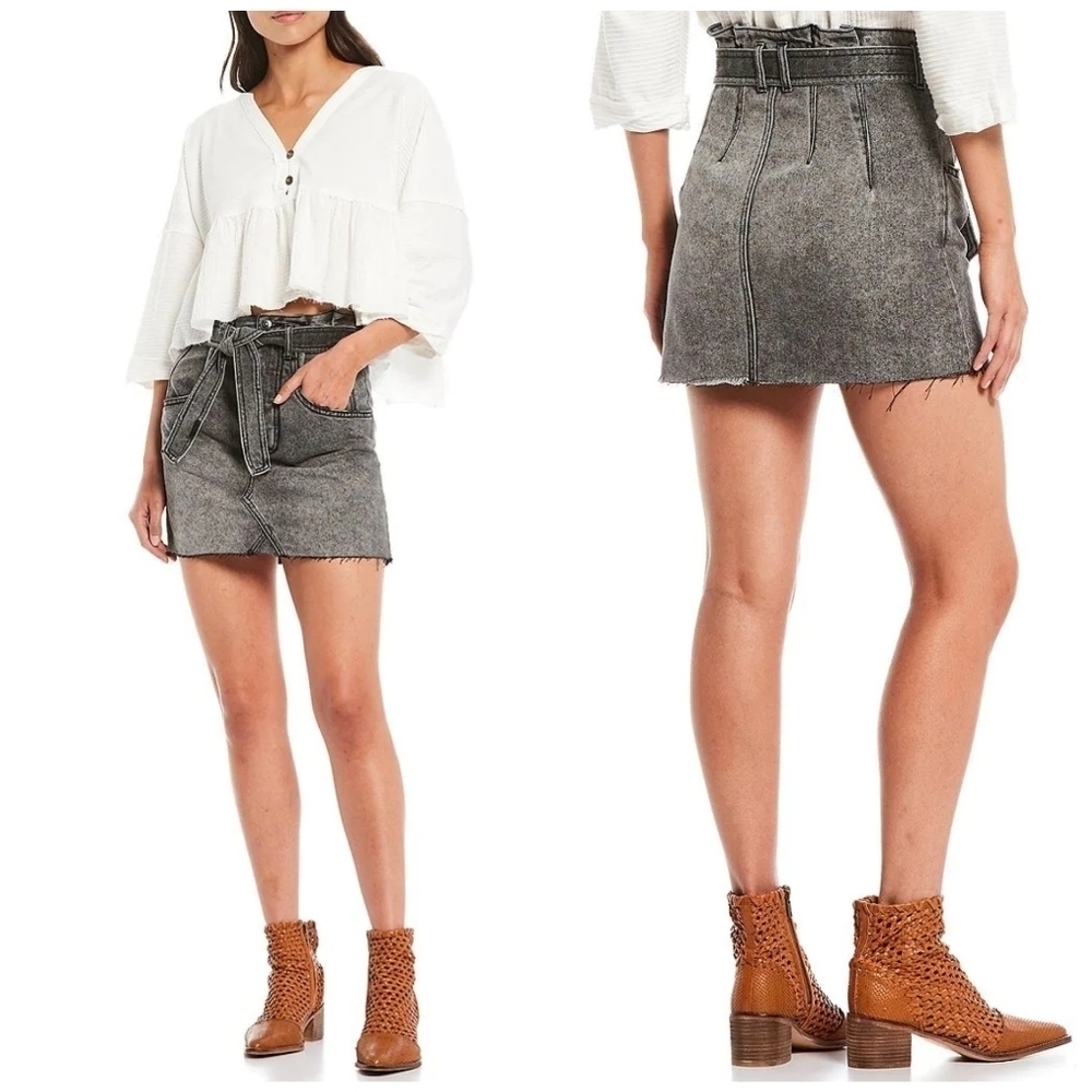Free People Denim Tie Waist Mini Skirt with Pockets